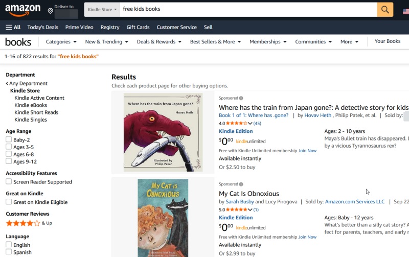 Viewing free books for kids on Amazon.