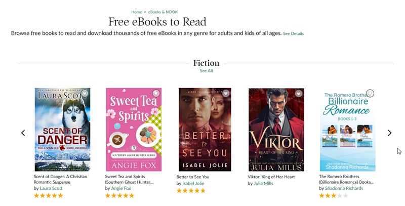 Viewing "Free eBooks to Read" adult section on Barnes & Nobles website.