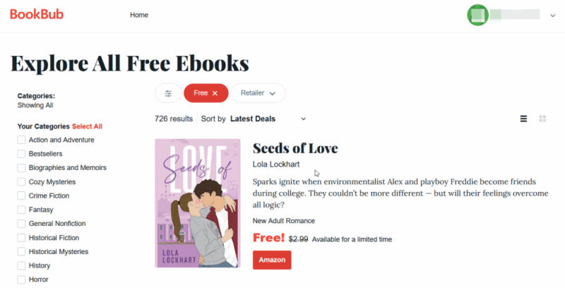 Viewing free books options on the BookBub website.