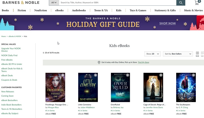 Viewing "Kids eBooks" section on Barnes & Nobles website.