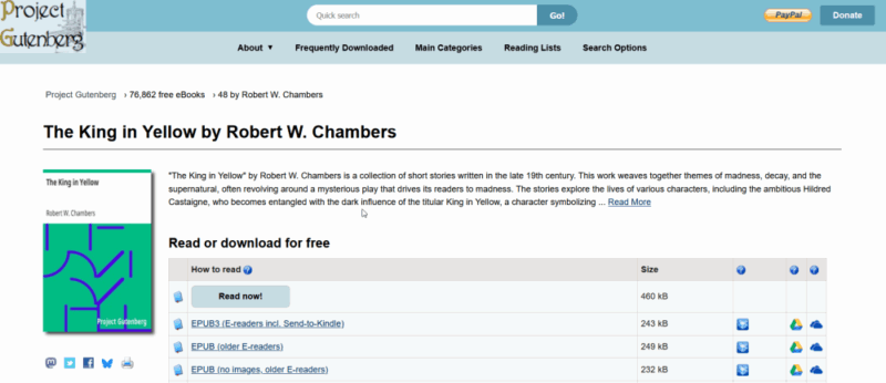 Book download page view on Project Gutenberg website.
