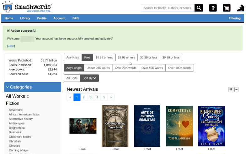 View of free books in "Newest Arrivals" category on Smashwords website.