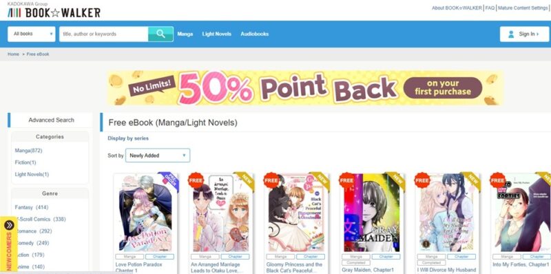 Book Walker's free manga page.