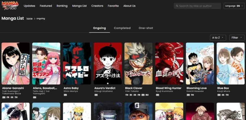 Manga Plus currently ongoing titles. 