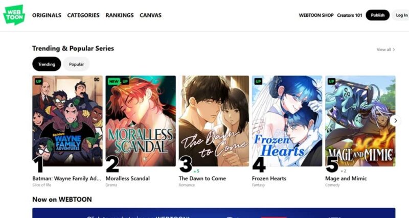 Trending titles on WEBTOON.