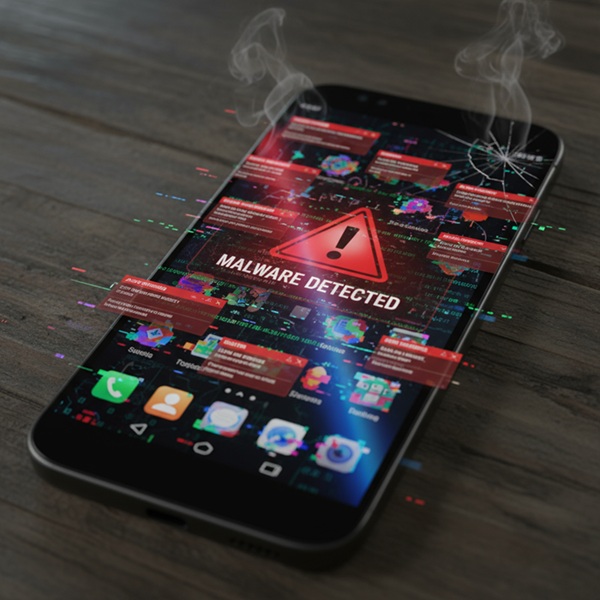 Mobile device attacked by malware. 
