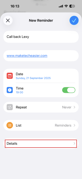 Adding details for reminder and then tapping "Details" to add more on iPhone.
