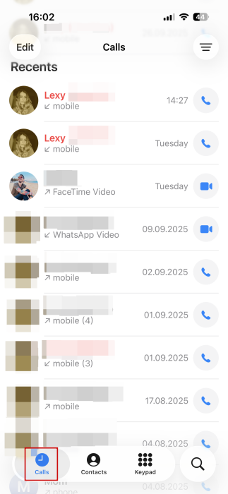Switching to "Calls" in the Phone app on iPhone.