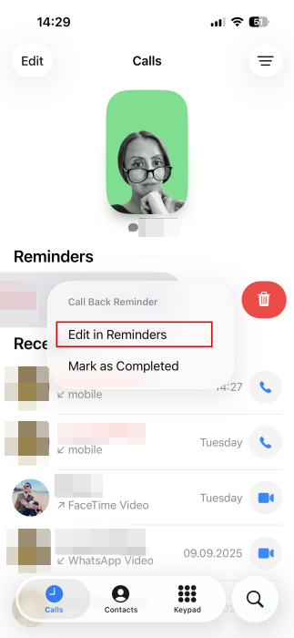 Opting to "Edit Reminders" in the Phone app on iPhone.