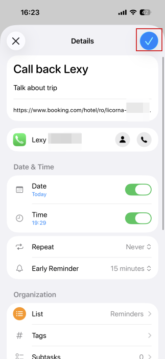 Editing call back reminder on iPhone. s