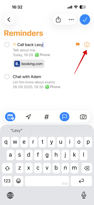 Tapping "i" button for reminder in the Reminders app on iPhone.