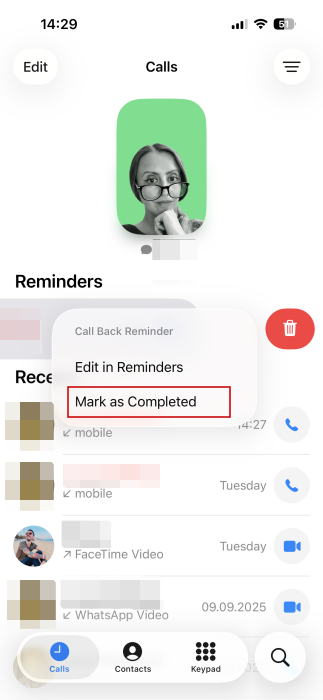 Tapping on "Mark as Completed" option for reminder in Phone app on iPhone.