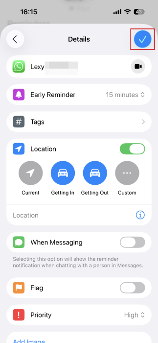 Adding details such as location and or setting a priority for reminder on iPhone.