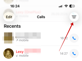 Tapping menu button in the Phone app on iPhone.