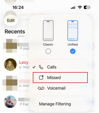 Selecting "Missing" option from the Phone app on iPhone.