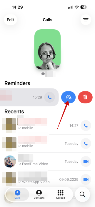 Swiping on Reminders in Phone app on iPhone.