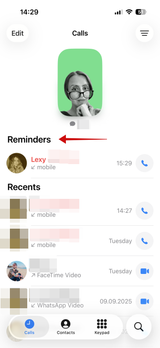 Reminders view in Phone app on iPhone.