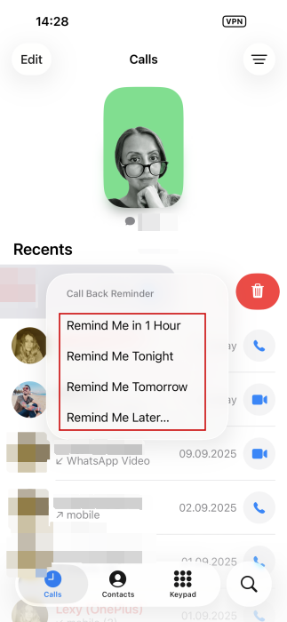 Setting timer for callback reminder in the Phone app on iPhone.
