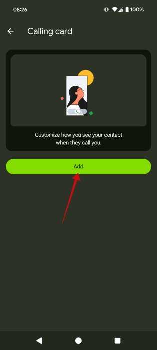 Tapping "Add" button for new Calling Card in Phone app by Google.