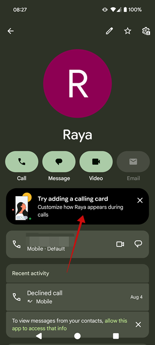 Announcement banner visible in contact page in Phone app by Google. 