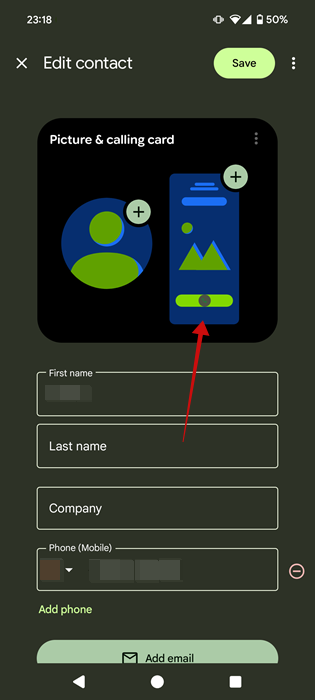Editing Calling Card from contact page in Phone app by Google. 