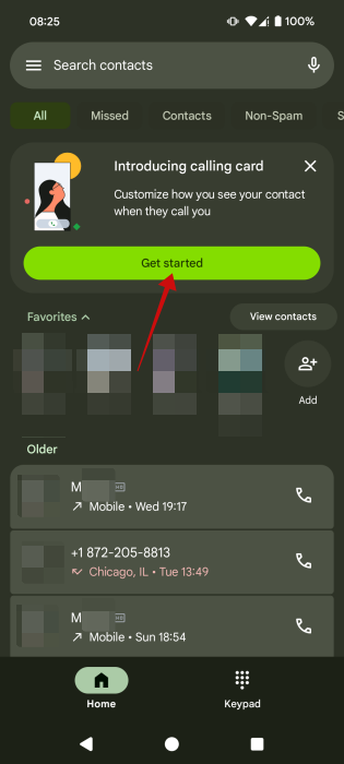 Tapping on "Get started" button in Phone app by Google. 