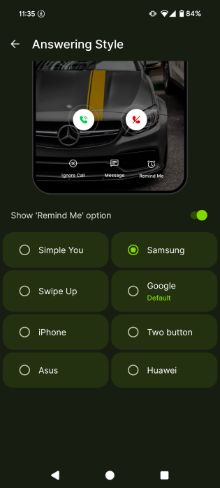 Selecting new answering style for contact card in Jolt app. 