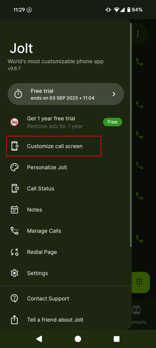 Selecting "Customize call screen" option in Jolt app on Android. 