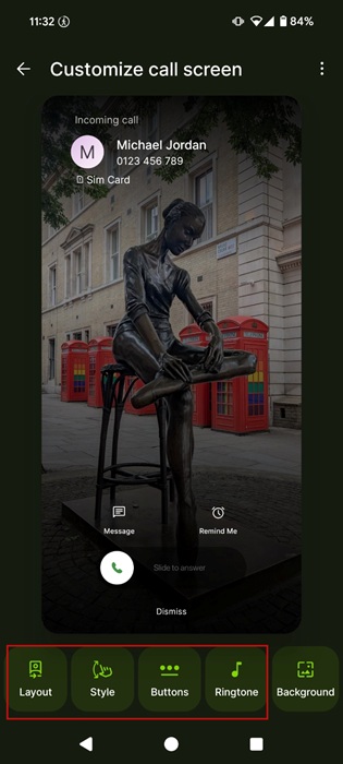 Customization options for calling card in Jolt app. 