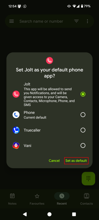 Setting Jolt app as default Phone app on Android. 