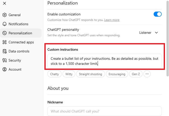 Adding custom instructions to personalized ChatGPT 5.