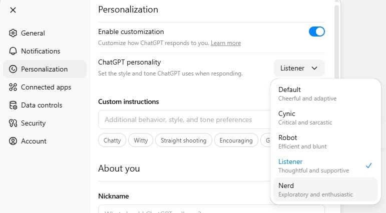 Choosing a new ChatGPT 5 personality.