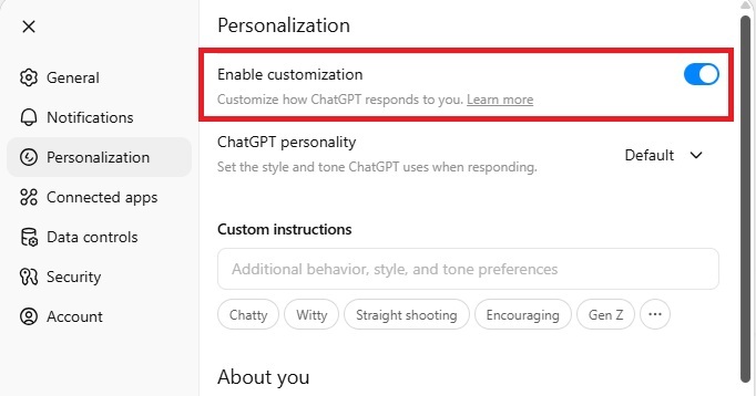 Enable customization in ChatGPT 5.