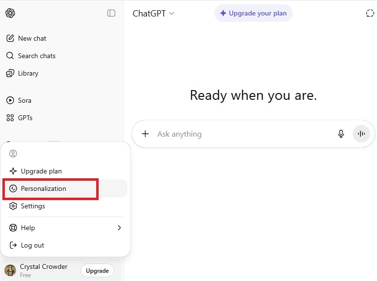 ChatGPT personalization menu.