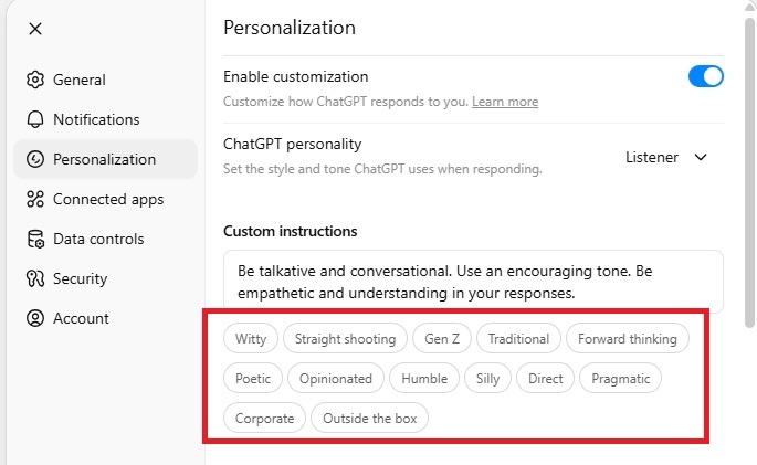 Using ChatGPT 5's suggested custom instructions.