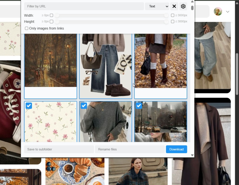Downloading all images from Pinterest web page using Bulk Image Downloader extension. 