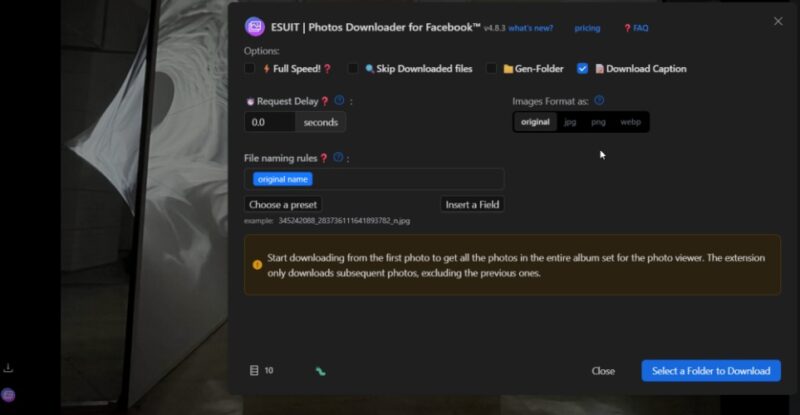 Downloading images from Facebook using the ESUIT for Facebook extension in Chrome. 