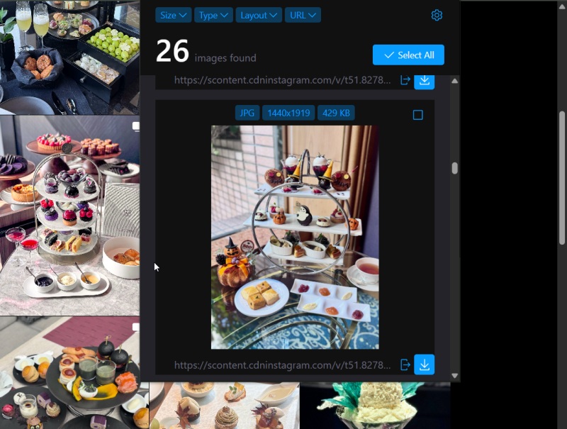 Downloading images off webpage using Image Downloader extension for Chrome. 