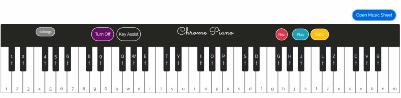 Chrome Piano music extension view in Chrome tab.