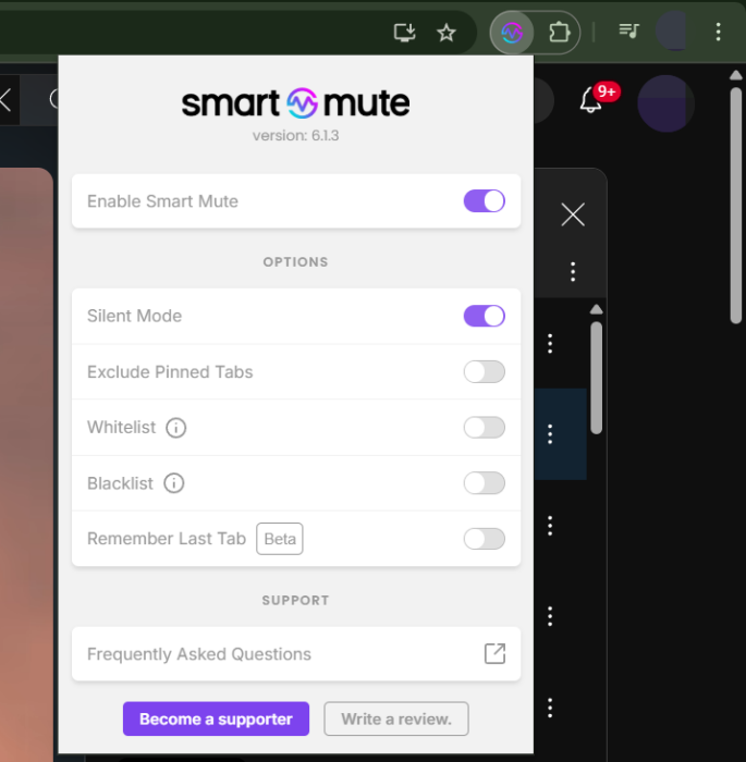 Muting audio in Chrome with the Smart Mute extension.
