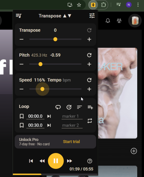 Using Transpose extension in Chrome to learn how to play a song. 
