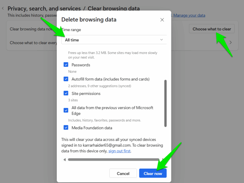 List of data to clear in Microsoft Edge
