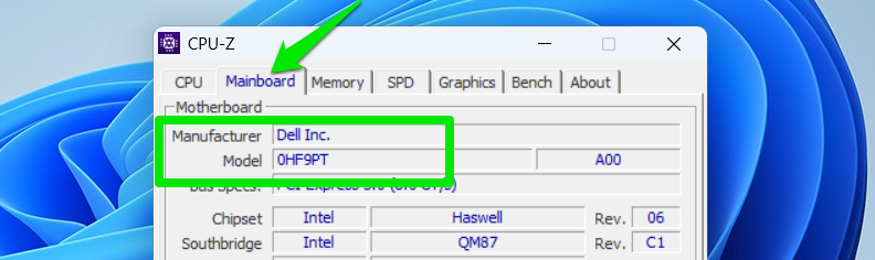 Motherboard Model in CPU-Z tool
