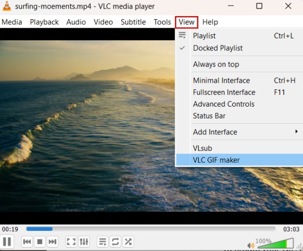 Navigating to "View" menu to find extension in ribbon menu in VLC.