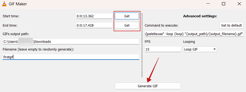 Tapping on "Generate GIF" button in VLC GIF Maker after setting parameters. 