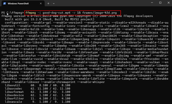 Executing FFMPEG command in Terminal window on Windows PC. 