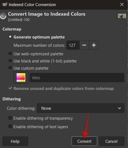 Performing indexed color conversion in GIMP for GIF.