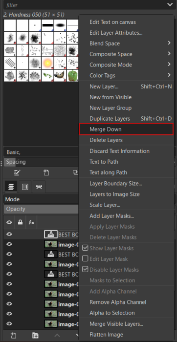 Clicking on "Merge Down" option for layer in GIMP. 