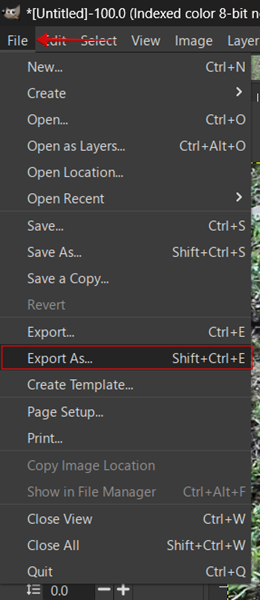 Clicking on "Export As" button in GIMP. 