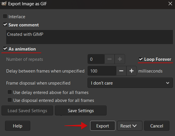 Checking "As animation" and "Loop Forever" for GIF export in GIMP. 